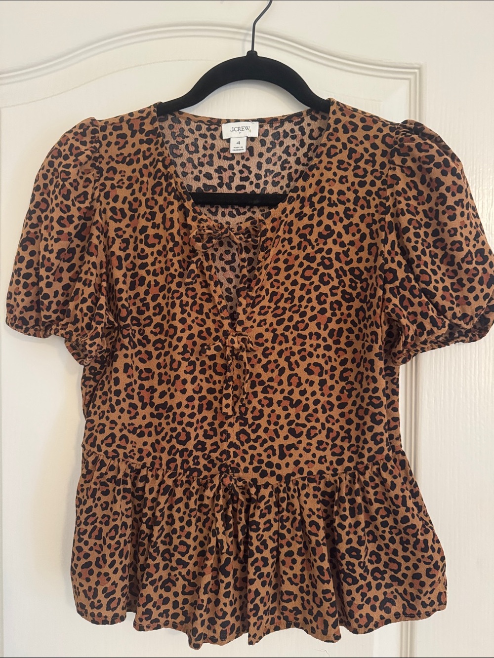 J Crew Brown Leopard Print Peplum Tie Top Size 4
